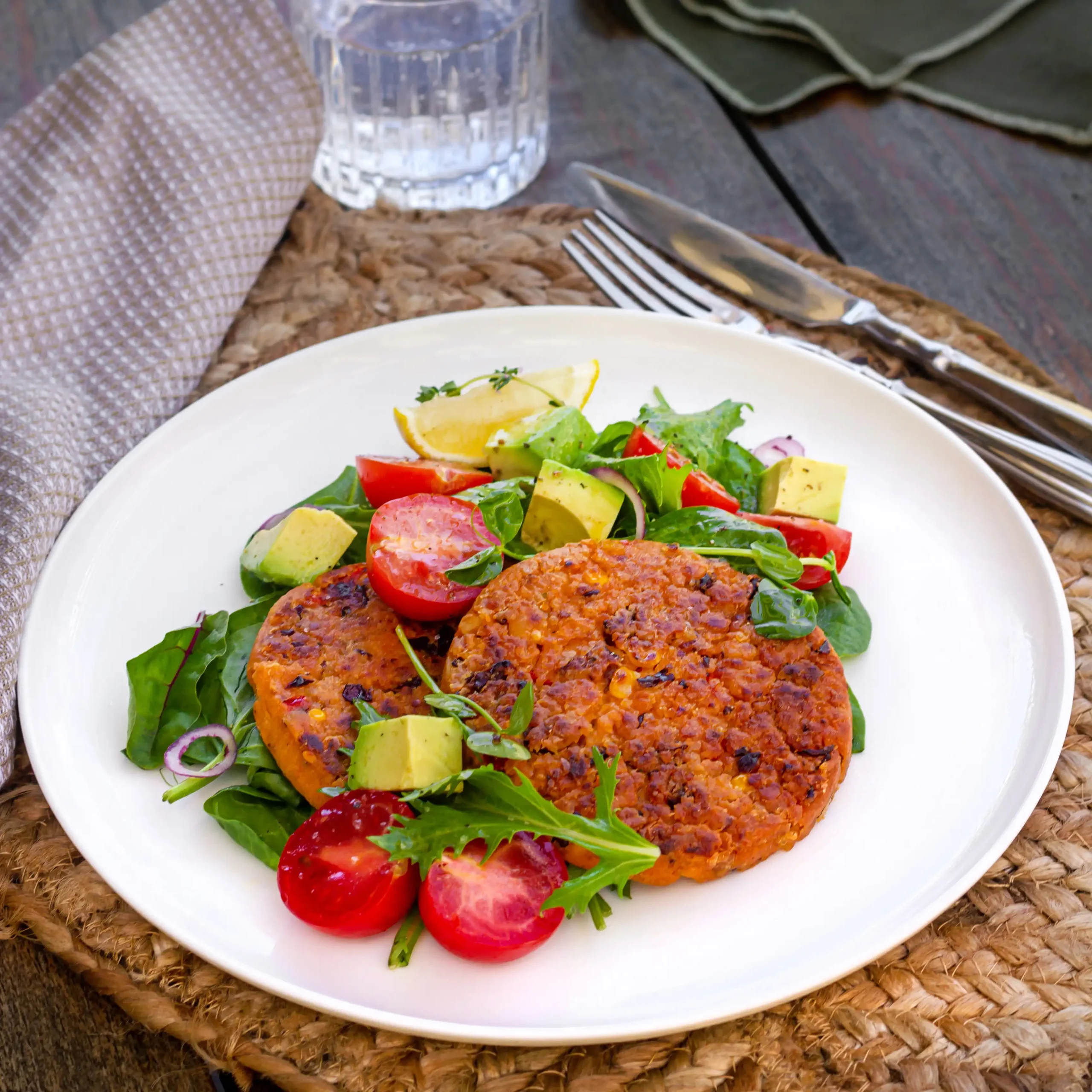 Healthy plant based spicy bean and quinoa patties for foodservice menus